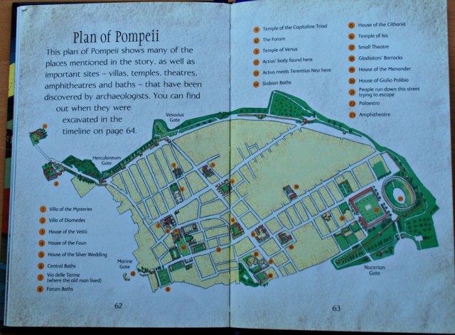 Usborne Pompeii young reader book endes with a map of the ruins and a timeline