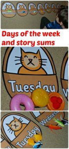 Story sums using Days of the week baskets, fish counters and toy food. Great Lighthouse keeper activity. Free to download from Twinkl