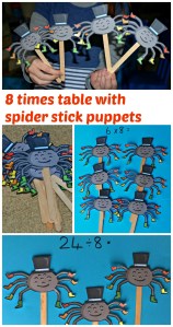 8 times table and divide by 8 using cute spider stick puppets from Twinkl