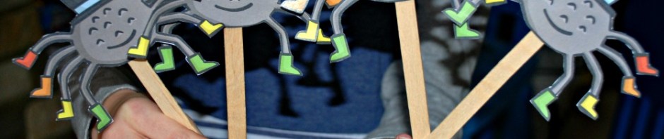 Cute spider stick puppets using the Incy Wincy spider images from Twinkl. perfect for 8 times table