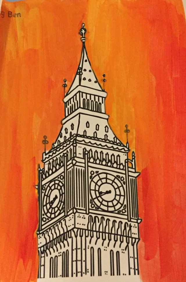 London Landmark art activity for children Big Ben painting using colouring pages from Twinkl