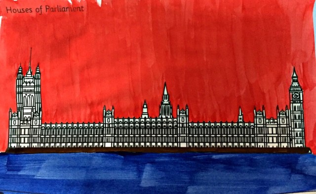 Houses of Parliament painting activity for young children using the london colouring pages from Twinkl