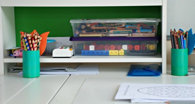 Snap Cubes in a storage container stored on the kids desks for easy access