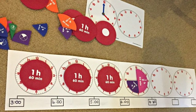 Learning Resources About Time set contains a time number line and fraction pieces which help the children understand the concept of elapsed time
