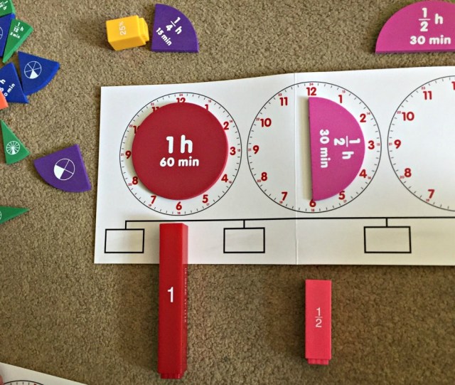 Learning resources About Time Set includes time fraction pieces which break an hour down into fractions. Great for visual learners