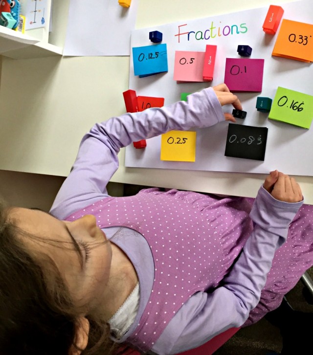 Matching our fraction pieces to the correct decimal flap on our home-made fraction poster