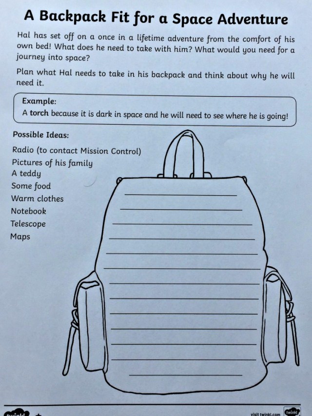 Back to Earth with a Bump writing activity. What would you pack in your backpack for a space adventure