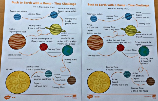 Back to Earth with a Bump time challenge worksheets from Twinkl Resources