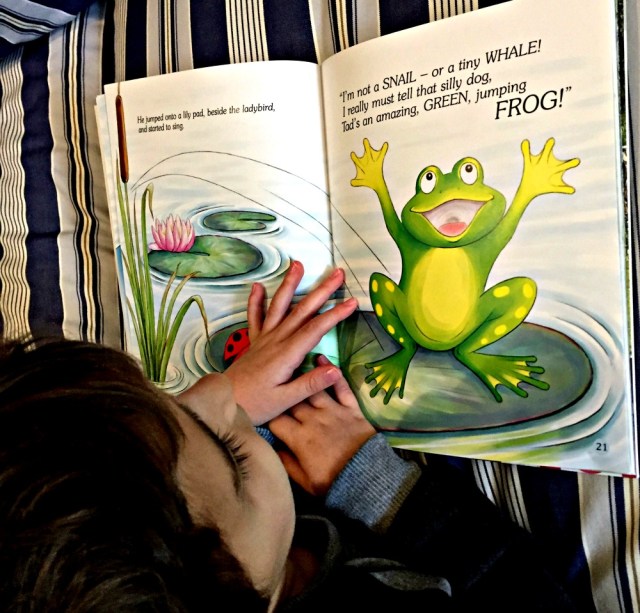 Reading Tad's Tale. A lovely children's fictional story about a tadpole who is sad until be becomes a frog