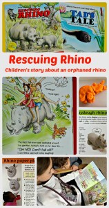 Rescuing Rhino. A children's book which includes a sweet fictional story about an orphaned rhino. facts about wild animals and some fun rhino crafts