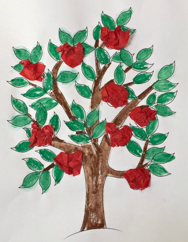 Activity Village apple tree colouring page done with water colour pencils and tissue paper as the apples
