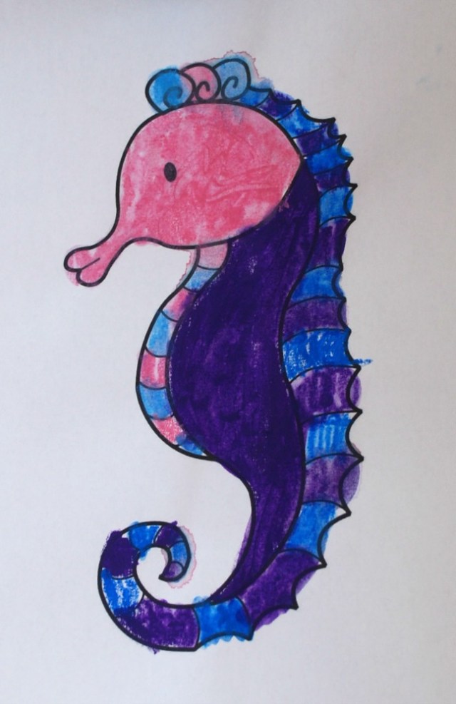 Activity Village Seahorse colouring page done with water colour pencils