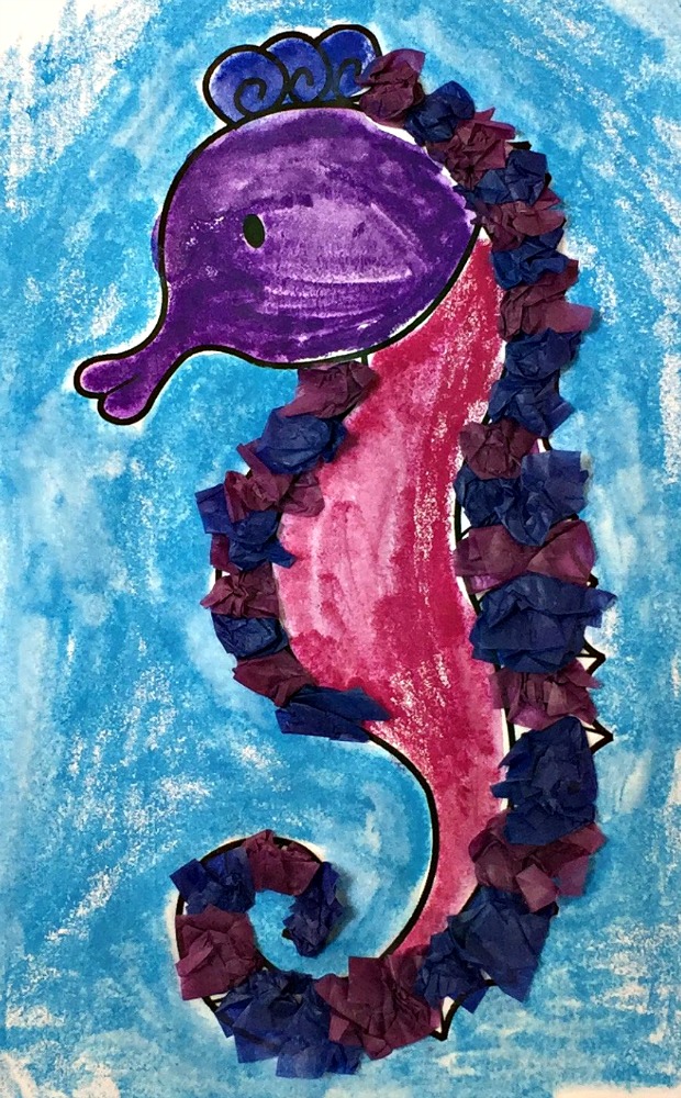 Activity Village Seahorse colouring page completed with watercolour pencils and with tissue paper added to give texture