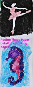 Adding Tissue paper Detail to colouring pages. Perfect for kids enjoy crafting activities