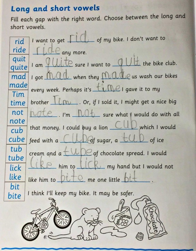 At Home With Spelling 2 by Oxford Press includes the difference between short vowel sound and long vowel sound activities