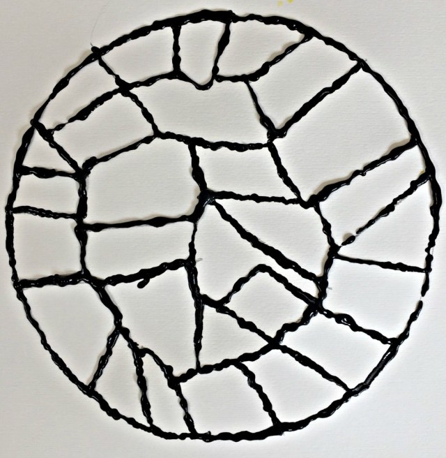 Dimensional Paint outline for a stained glass window painting project for children.