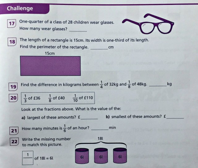 Schofield & Sims Fractions workbook. Each double page includes challenge excercises for the kids to try