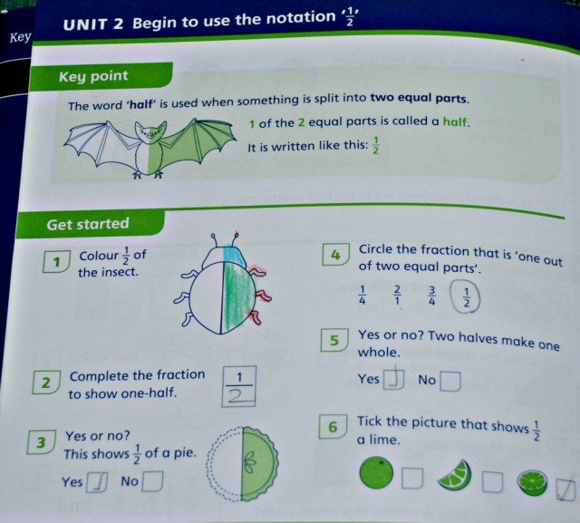 Fractions 1 workbook by Schofield & Sims includes lots of excercises about halves and quarters