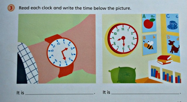 Telling Time 1 by Schofield & Sims contains lots of examples of o'clock, half past, quarter past, quarter to