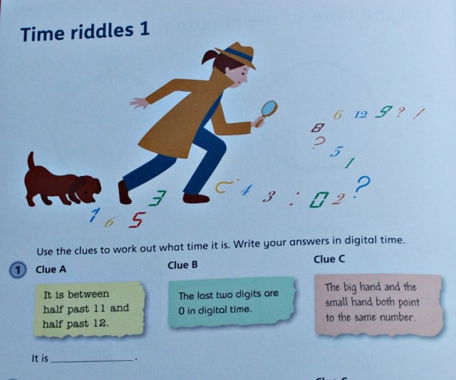 Telling the Time 3 by Schofield & Sims. One of the time riddles included in the book