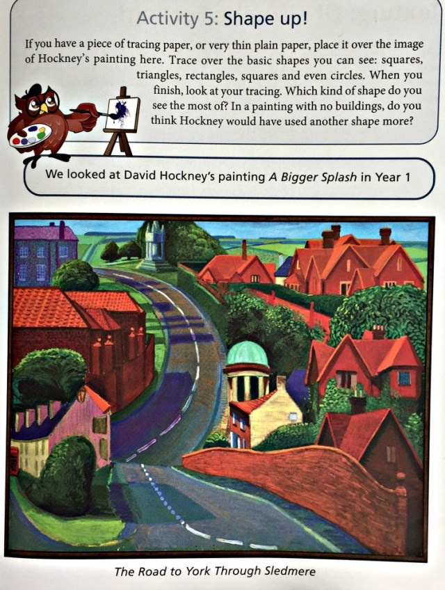 Core Knowledge Year 2 book Visual Arts includes a shape activity based on a painting by David Hockney