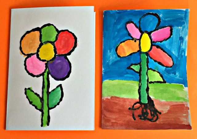 Dimensional paint birthday cards created by children. A flower design