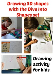 Drawing 3 dimensional shapes with the helpd of their Learning Resources Dive into Shapes set.  Great drawing activity for children