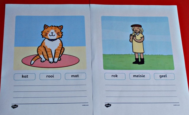 Afrikaans simple sentence writing activity from Twinkl. Editable resource that you can translate into any language