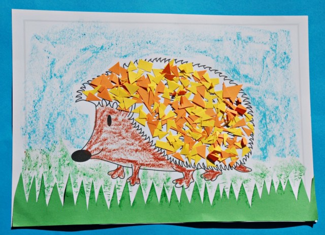 Hedgehog paper craft for children using coloured paper and the Activity Village hedeghog colouring page
