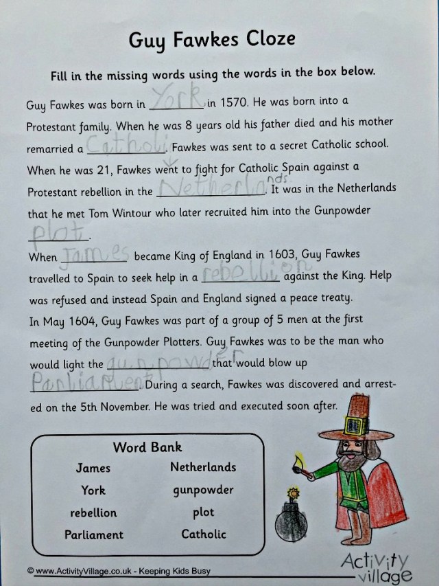 Guy Fawks Cloze from Activity Village