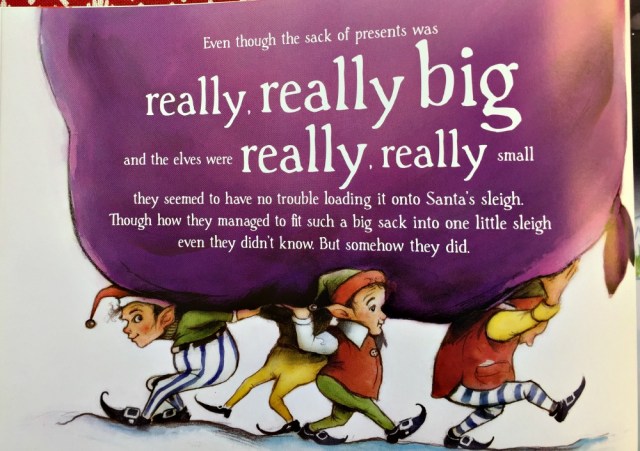 Santa is coming to London. The small elves carrying the large sack of presents