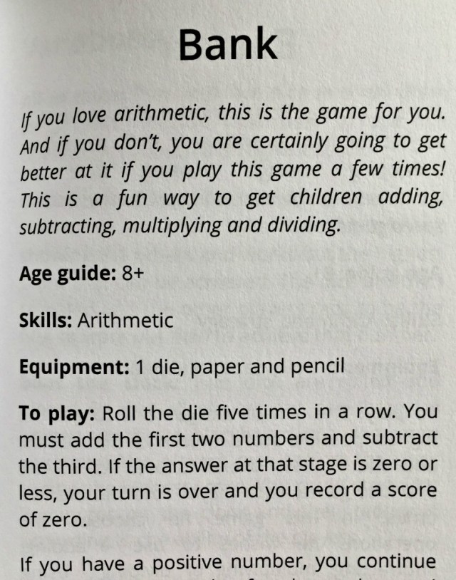 Bank Dice game included in the Dice Games for Kids a book written by Lindsay Small