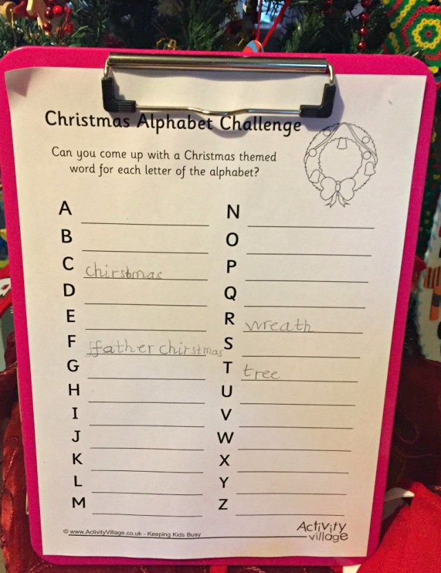 Christmas Alphabet Challenge page from Activity Village