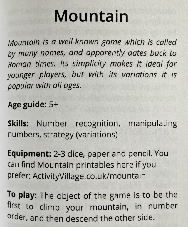 Mountain Dice Game from Dice Games for Kids. A book written by Lindsay Small the editor of Activity Village