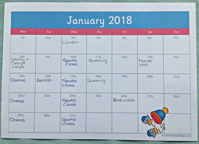 January 2018 monthly calendar page with events written on it