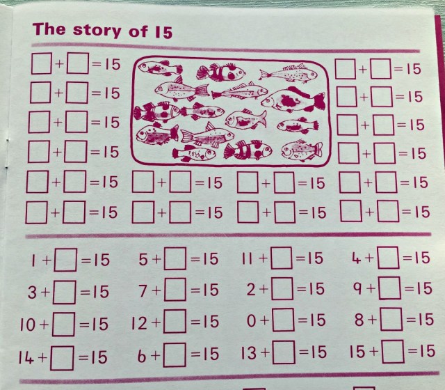 Schofield & Sims Number 3 book. Numbers from 11 to 20. The Story fo 15 page. addition and subtraction sums that make up 15