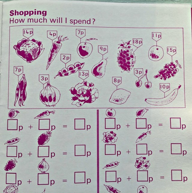 Schofield & Sims Number 3 maths book. Sums for amounts between 11 and 20 including some money sums