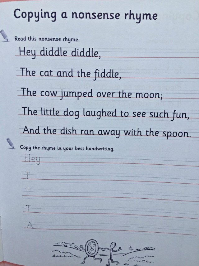 Schofield & Sims Handwriting 1 Book. Copying out a rhyme