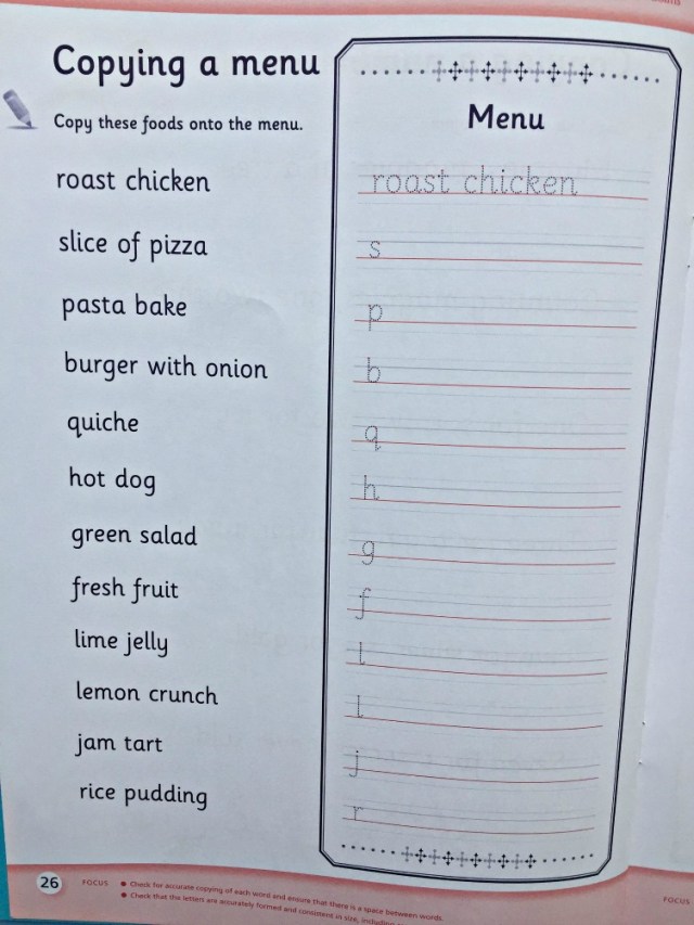 Schofield & Sims Handwriting 1 book. Practice handwriting by copying out a menu