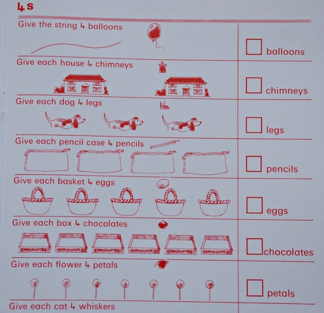 Schofield & Sims Number 5 maths workbook. Maths practice including 4 times table and diving by 4