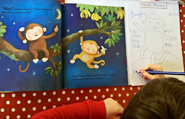 Night Monkey Day Monket Noun word search. A fun way to reinforce nouns by using a favourite story book