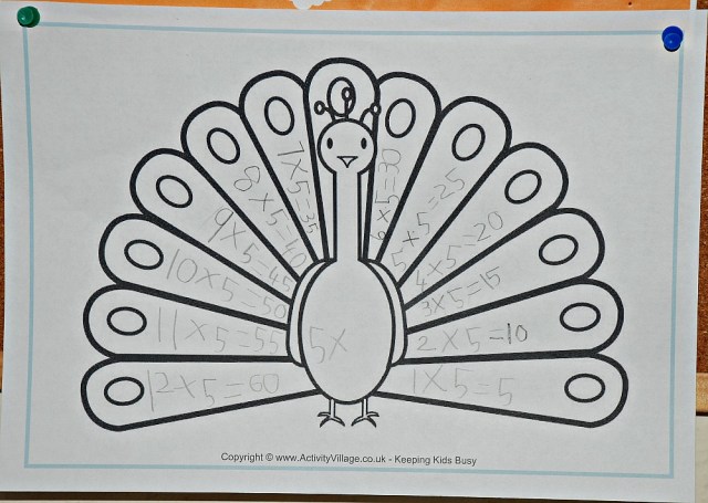 5 times table peacock hanging up on a notice board in the house