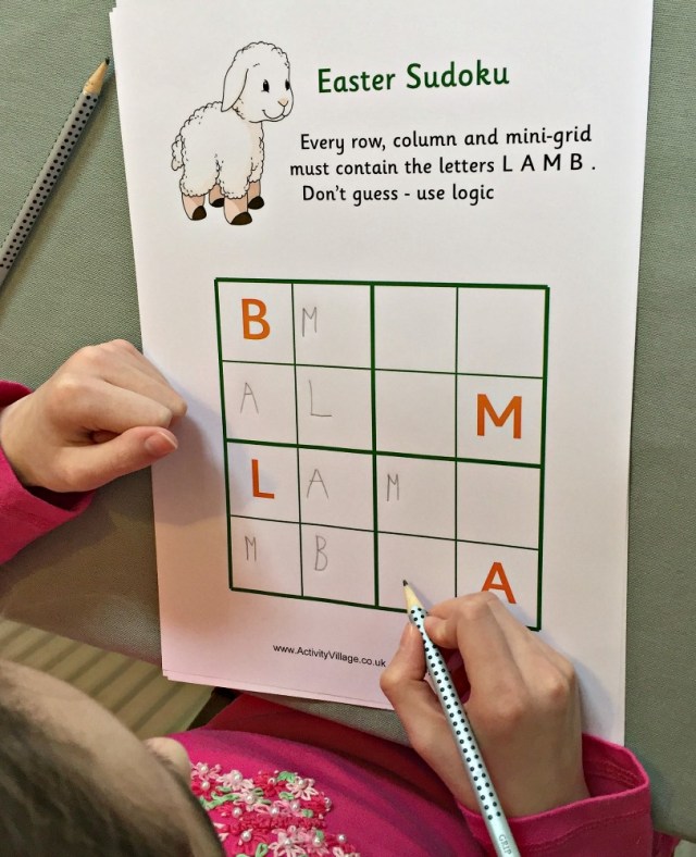 Activity Village Easter themed letter sudoku page. Lamb.