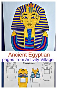 Ancient Egyptian pages from Activity Village including Tutankhamun's colouring page, canoptic jars and a map of Ancient Egypt