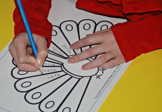 Creating a 9 times table Peacock using a colouring in page from Activity Village