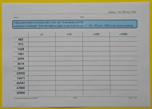 Teachit primary website. Free to download Add 1, 10, 100, 1000