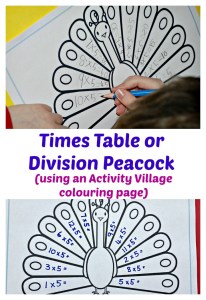 Times Table or Division Peacock. Made using a colouring page from Activity Village. Fun maths practice