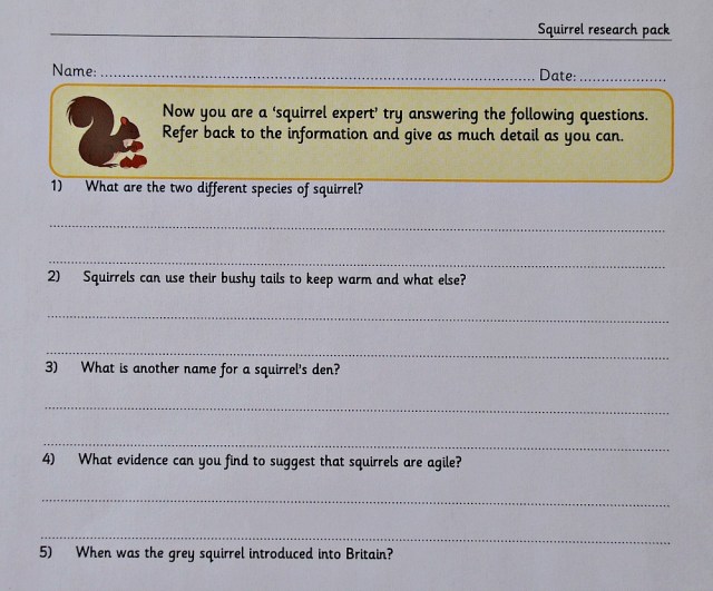 Teachit primary Website Free to download Squirrel research pack questions