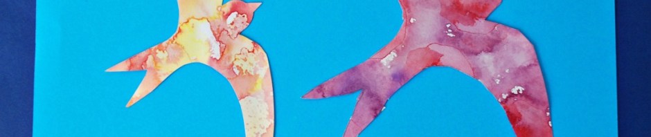 Watercolour Swallows created by children using a template from Activity Village