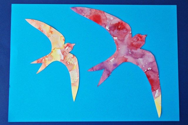 Watercolour Swallows created by children using a template from Activity Village